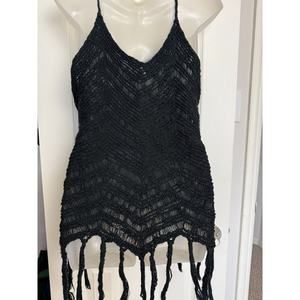 90s Y2K Black‎ Crochet Knit Fringe Tank Top Boho Festival Western Hippie Size L